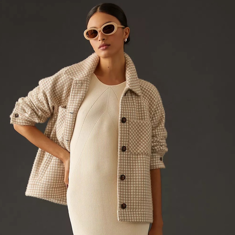 Anthropologie Greylin Cream and Tan Houndstooth Shirt Jacket